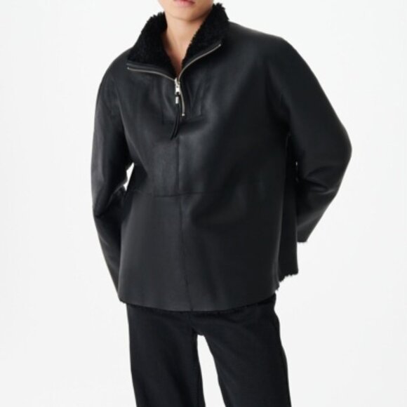 NWT$2000 IRO Paris SHEARLING Fur Black Leather Pullover v-neck top
